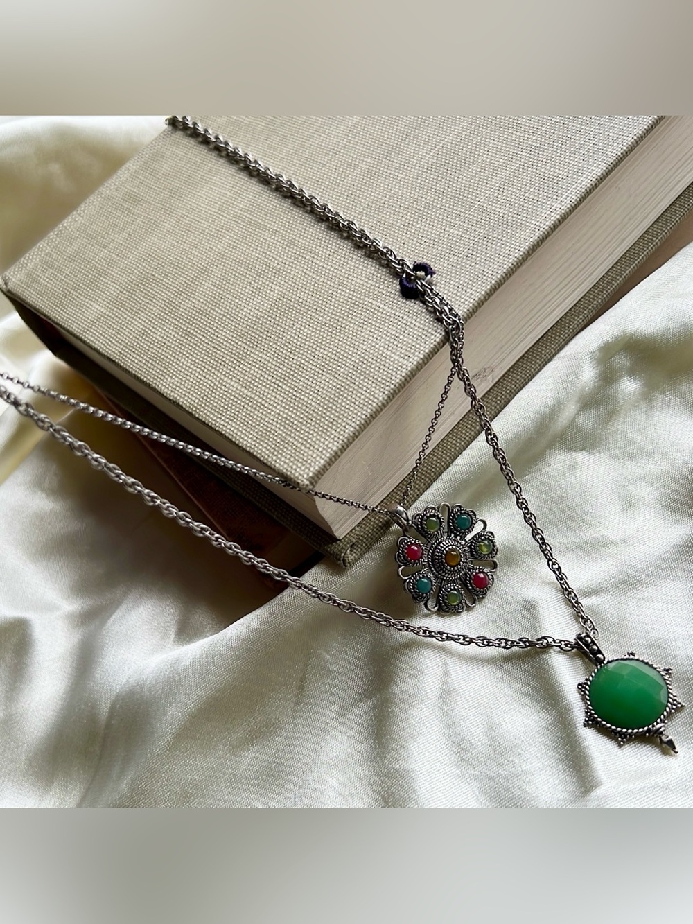 Lucky Brand Women’s Boho Silver Toned Chain Gemstone Layered Pendant Necklace